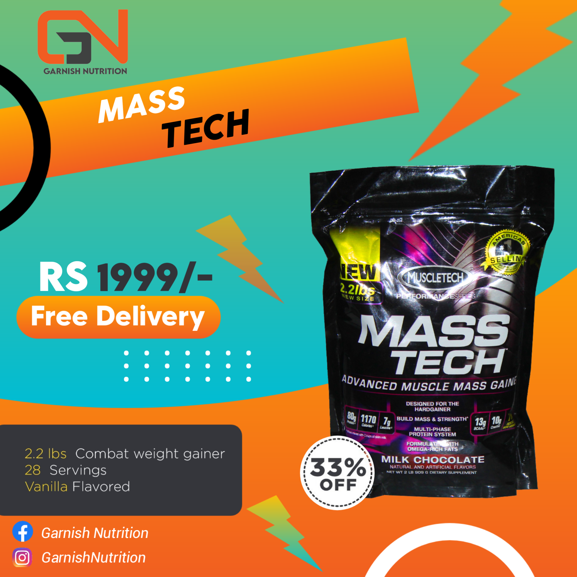 Mass Tech 2 lbs Chocolate Flavor 28 Servings Made in pakistan