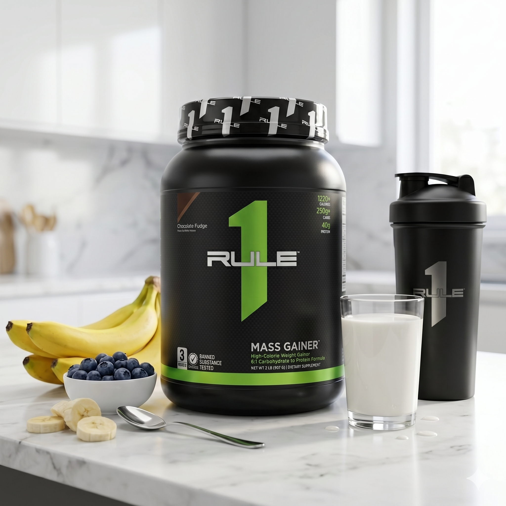 Rule 1 Mass Gainer | 2 lbs | 909 Grams | Chocolate Flavor | 29 servings