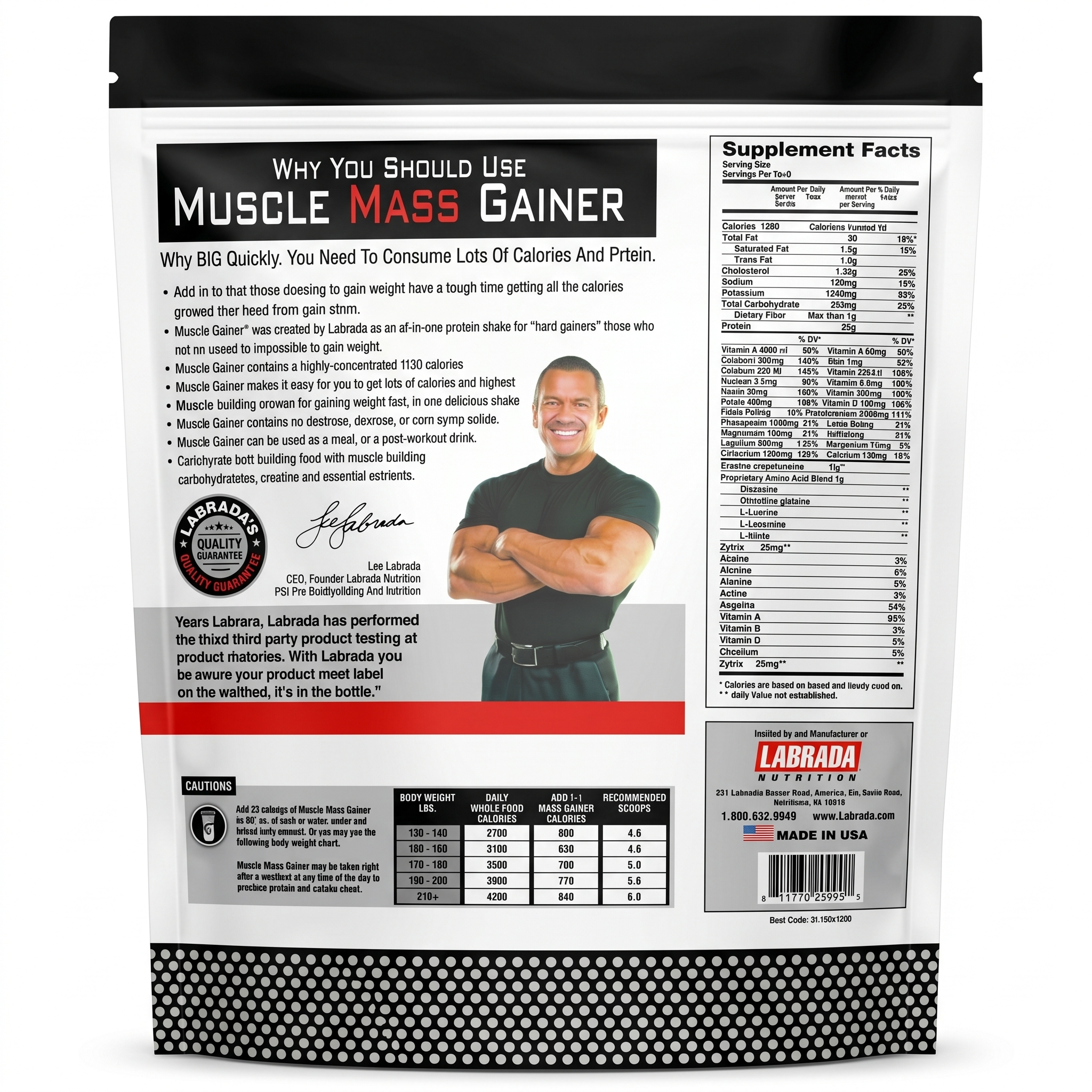 Labrada Muscle Mass Gainer 2 lbs | Chocolate Flavor | 28 Servings | 909 Grams