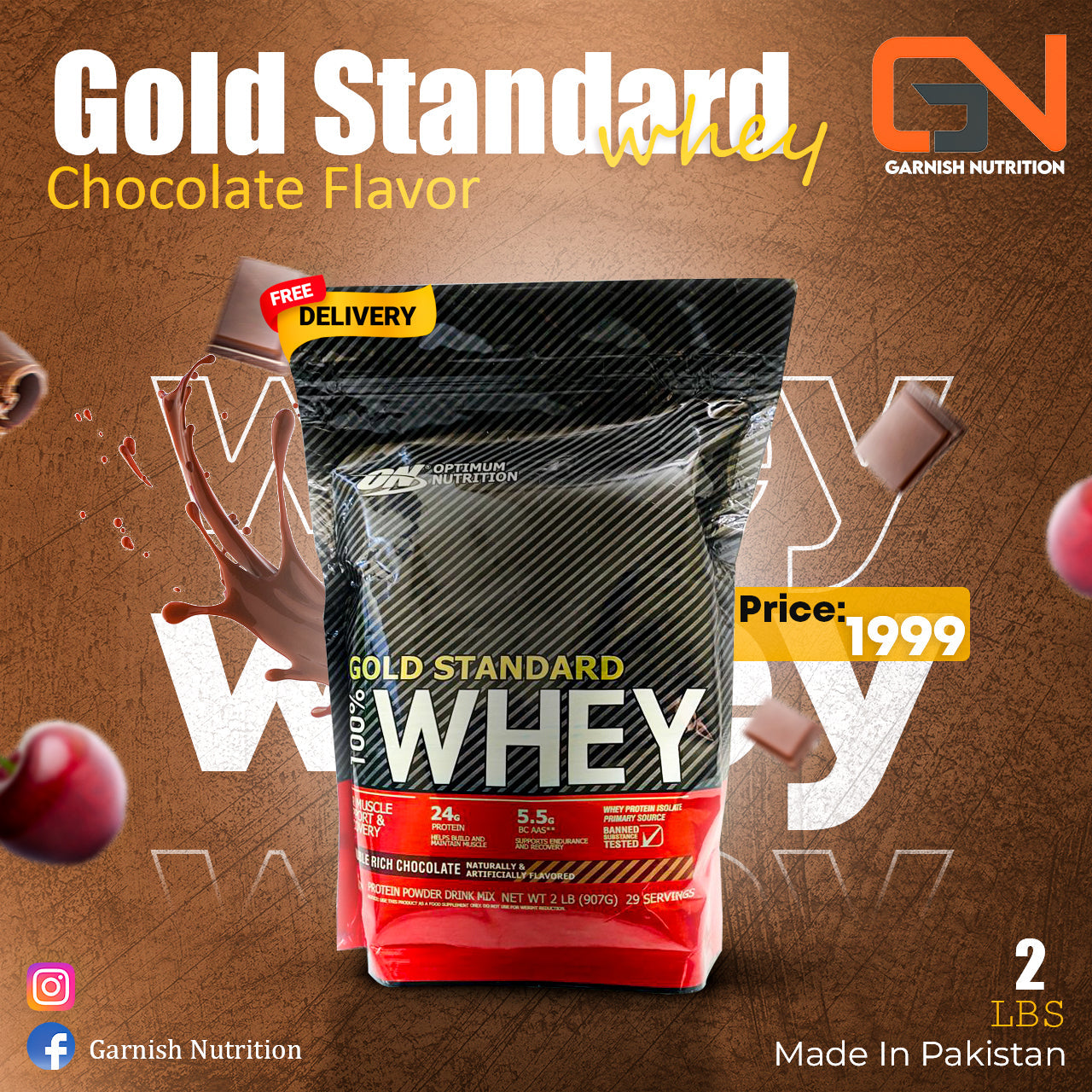 Optimum Nutrition On Gold Standard Whey 2 Lbs Chocolate Flavor Made in Pakistan